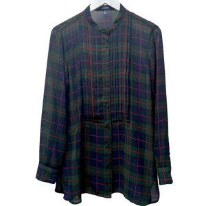 CHAPS Plaid Tunic Blouse Size Medium Navy Blue Green Plaid Chiffon Button Up Top